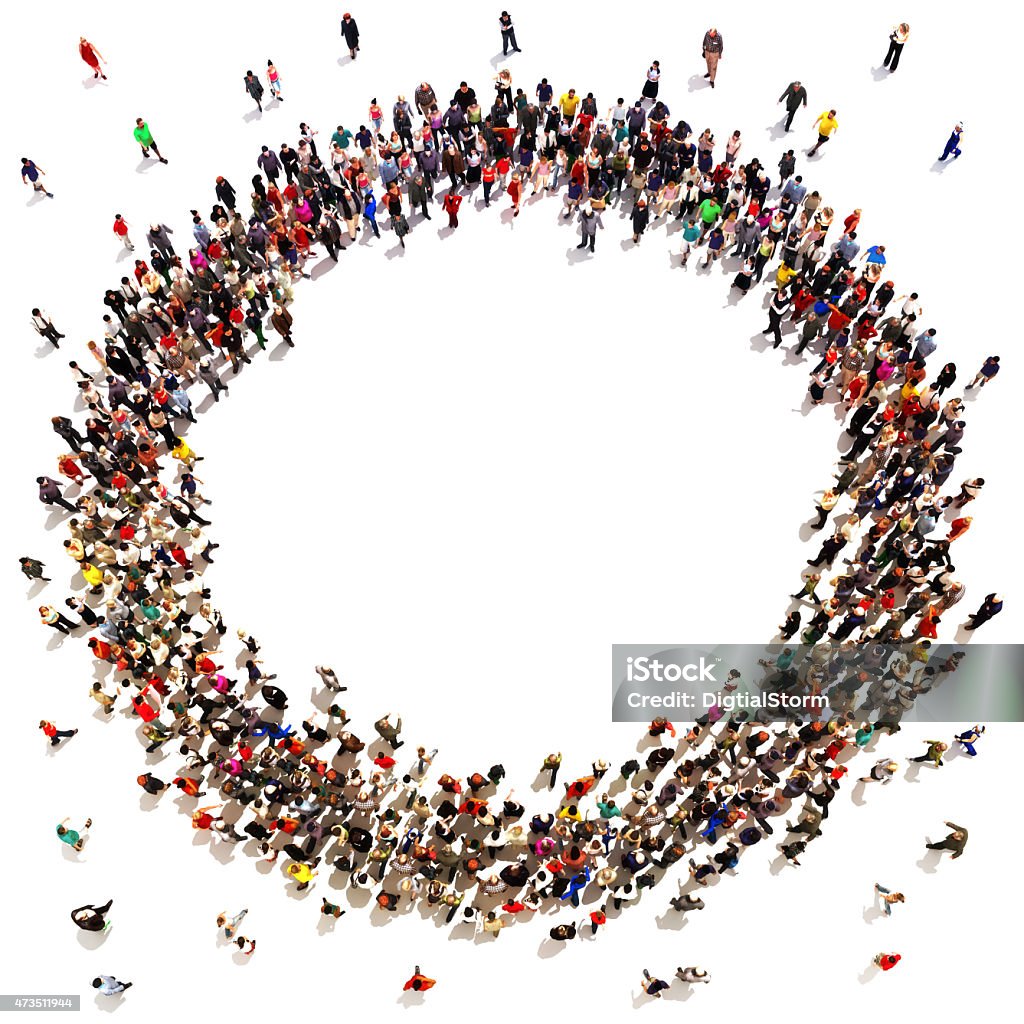 Large crowd of people moving toward the center Large crowd of people moving toward the center forming a circle with room for text or copy space advertisement on a white background. Large Group Of People Stock Photo