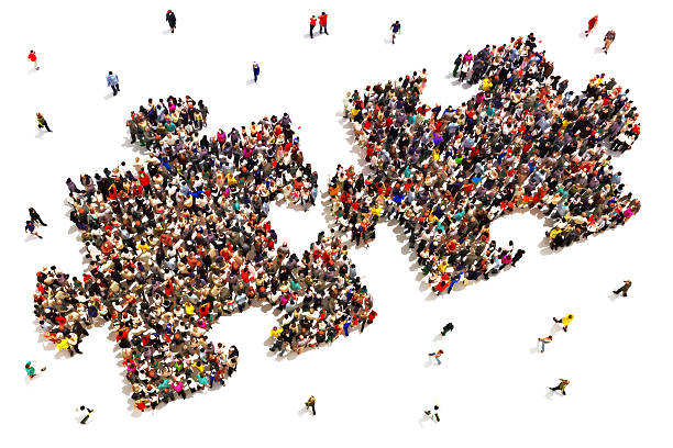 People putting the pieces together concept  Large group of people in the shape of two puzzle pieces on a white background. jigsaw piece photos stock pictures, royalty-free photos & images