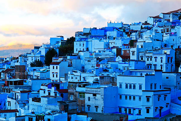 The skyline of Medina of Chefchaouen late in the day Blue Medina of Chefchaouen, Morocco. Chefchaouen or Chaouen is a city in northwest Morocco. It is the chief town of the province of the same name, and is noted for its buildings in shades of blue chefchaouen photos stock pictures, royalty-free photos & images
