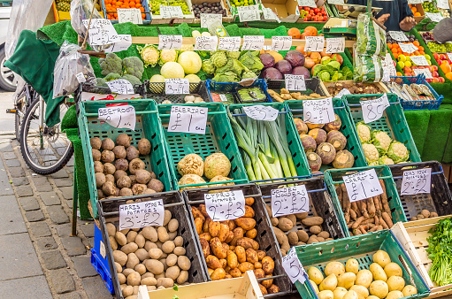 Fesh vegetables on  sale on a market stall in Grassmarket, Edinburgh.