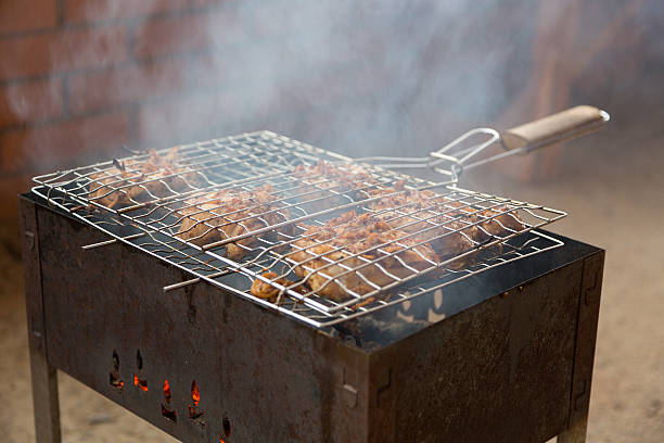 Appetizing fried skewers of chicken on the grill stock photo