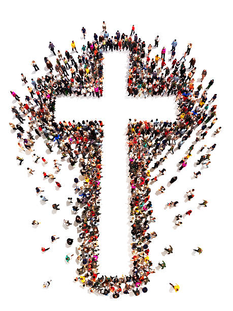 People finding Christianity, religion and faith  Large crowd of people walking to and forming the shape of a cross on a white background with room for text or copy space in the cross. worshipper photos stock pictures, royalty-free photos & images