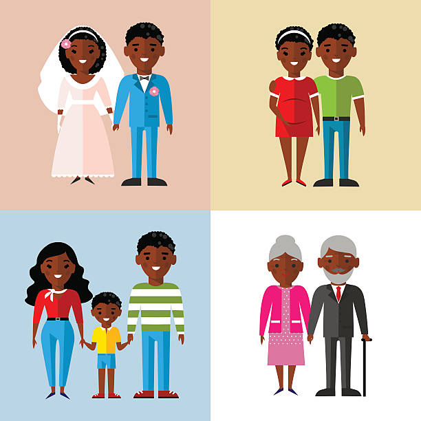 Wedding couple, pregnant couple, family, and old couple Set of african-american family, wedding, pregnant, old african bride and groom stock illustrations