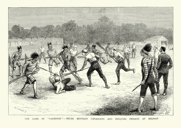 Game of Lacrosse between Canadians and Iroquois Vintage engraving of a Game of Lacrosse between Canadians and Iroquois indians at Belfast, The Graphic, 1876 old indian stock illustrations