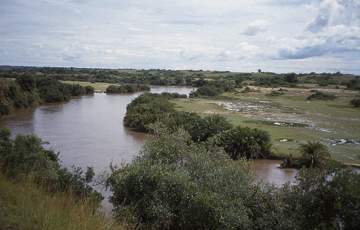 Overlook on a meander in the Rutshuru River in the Virunga National Park near Rwindi Lake Edward Democratic Republic of Congo Africa wher one can observe white Rhino and Hippo