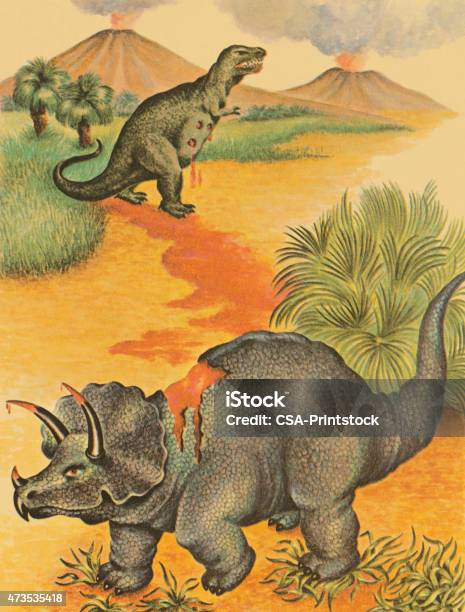 Two Dinosaurs Stock Illustration - Download Image Now - Volcano, 2015, Animal