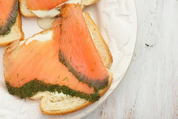 Salmon, cheese and dill sandwiches on the white plate.