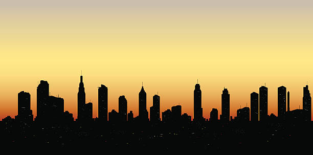 bildbanksillustrationer, clip art samt tecknat material och ikoner med skyline aerial view at sunset with  skyscrapers - manhattan skyline sunset