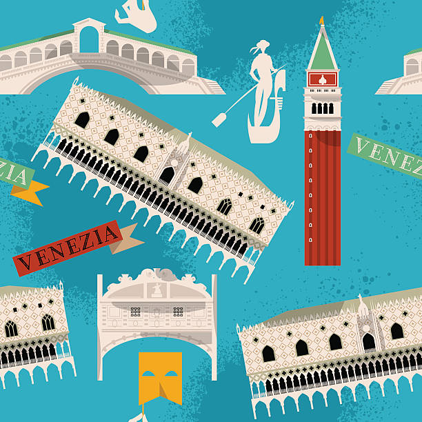 illustrazioni stock, clip art, cartoni animati e icone di tendenza di viste di venezia.   italia, europa.   seamless sfondo pattern. - gondola