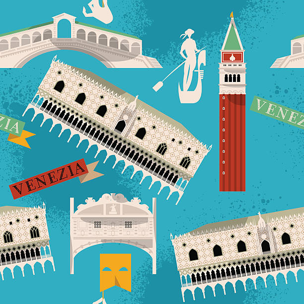 ilustrações de stock, clip art, desenhos animados e ícones de miras de veneza. itália, europa. sem costura padrão de fundo. - venice italy italy gondola rialto bridge