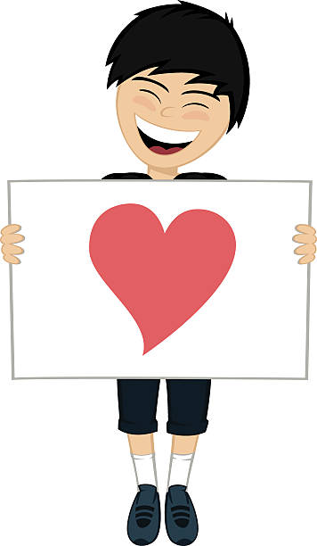 Boy with surprise A black haired boy with a white board and a heart shape larrikin stock illustrations