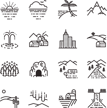 Set of travel destination view icons in linear design.