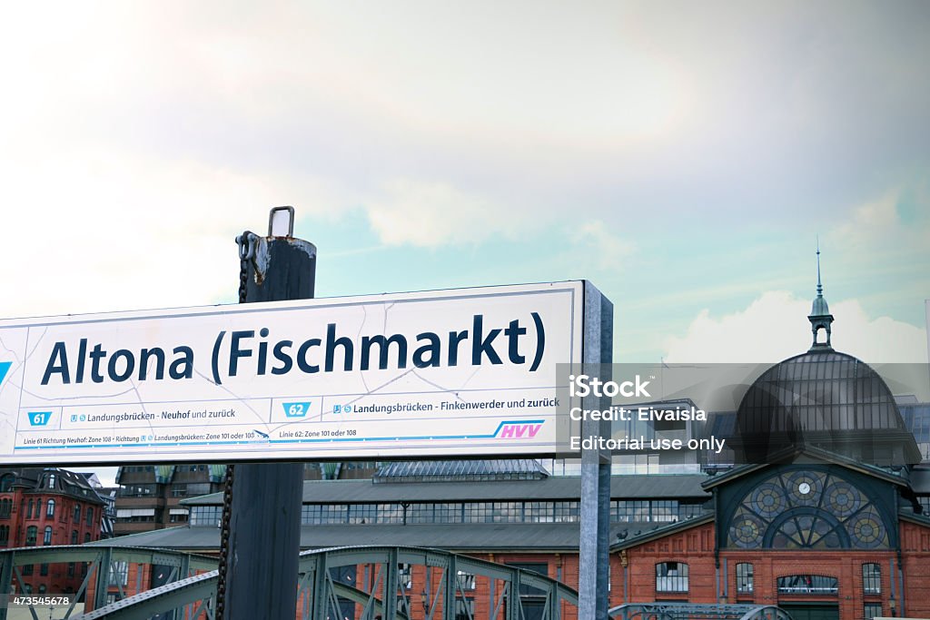 Altona Fish Market Hamburg, Germany - April 16, 2015: Landing pier at Altona Fischmarkt, Hamburg. View to the old fish market hall. Fish Market Stock Photo