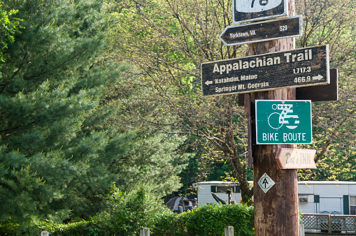 Damascus, Virginia, USA - May 18, 2012: A sign for the Appalachian Trail in Damascus, Virginia. The trail passes through the middle of this small community in southwest Virginia, which is also traversed by the Virginia Creeper Trail.