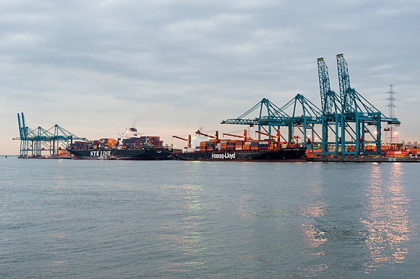 Port of Antwerp in the twilight with containers and cranes Anwerp, Belgium - September 16, 2011: Port of Antwerp in the twilight with containers and cranes estuary photos stock pictures, royalty-free photos & images