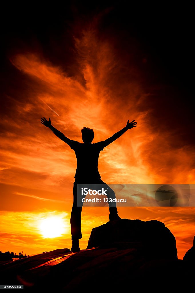 Success Silhouettes Silhouettes of cheerful man Happiness Stock Photo