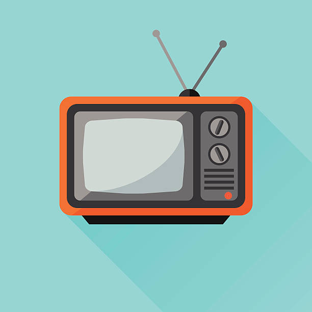 Retro tv set flat icon Retro tv set flat icon with long shadow on blue background old remote control stock illustrations