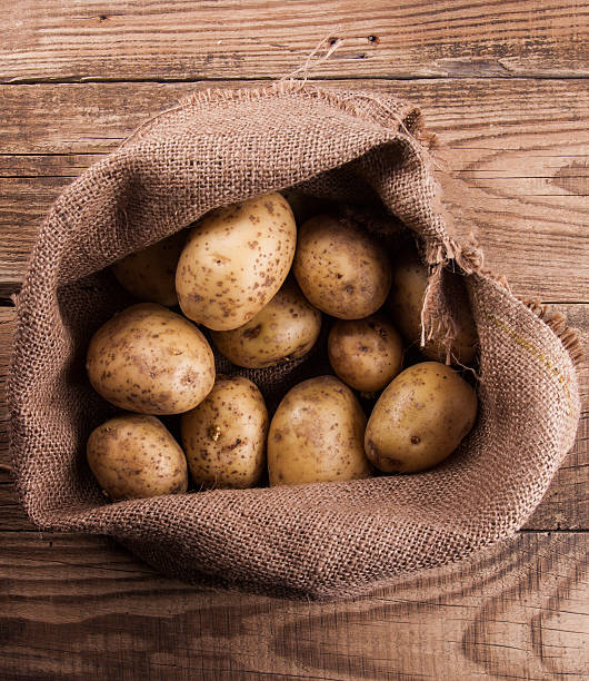 istock Harvest potatoes in burlap sack 473555746