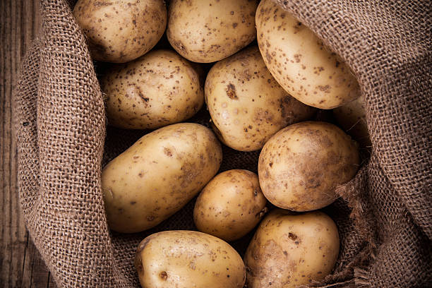 istock Harvest potatoes in burlap sack 473555784