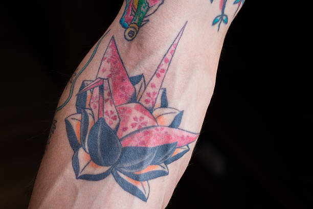 Origami Crane On Black Lotus Tattoo Stock Photo - Download Image Now -  Tattoo, Black Background, Close-up - iStock