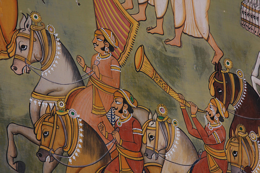 Paintings inside the Deewan E Khas, Nagaur Fort or Ahhichatragarh Fort Palace, Rajasthan, India.