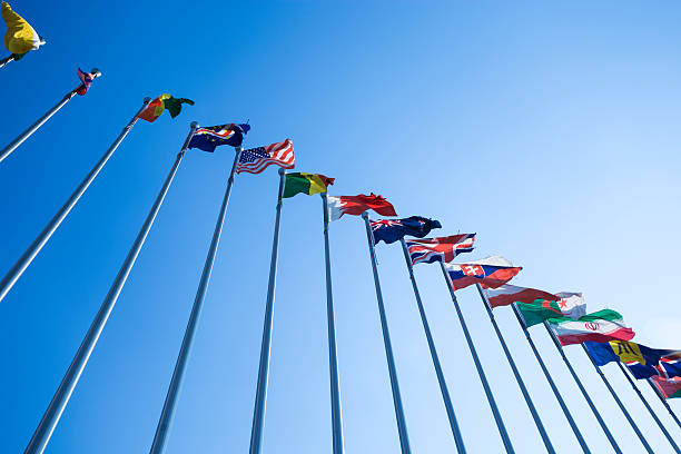 istock Upward view of flags from different countries 473566474