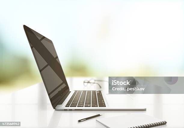 Office With Laptop Shallow Depth Of Field Stock Photo - Download Image Now - 2015, Blank Expression, Coffee - Drink