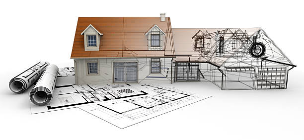 Home architecture project completion 3D rendering of a house project on top of blueprints, showing different design stages model house stock pictures, royalty-free photos & images