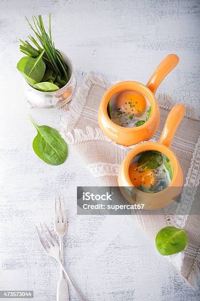 Baked Eggs With Spinach Stock Photo - Download Image Now - 2015, Appetizer, Baked