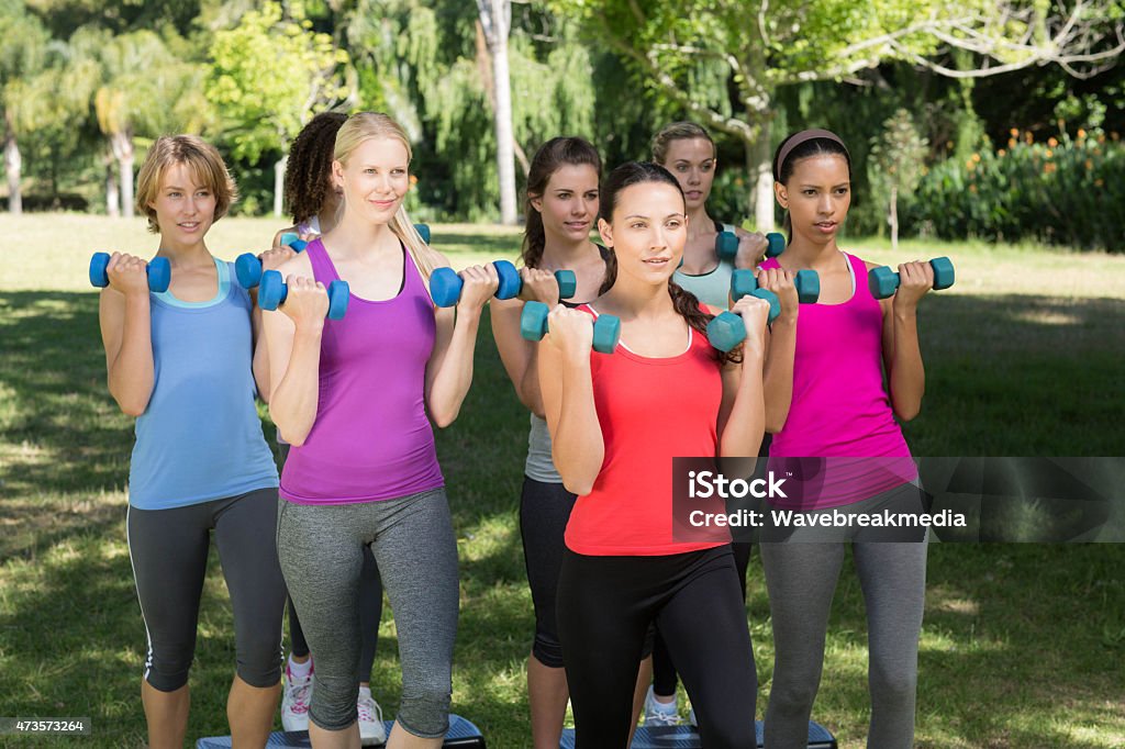 Fitness group lifting hand weights in park Fitness group lifting hand weights in park on a sunny day Dumbbell Stock Photo