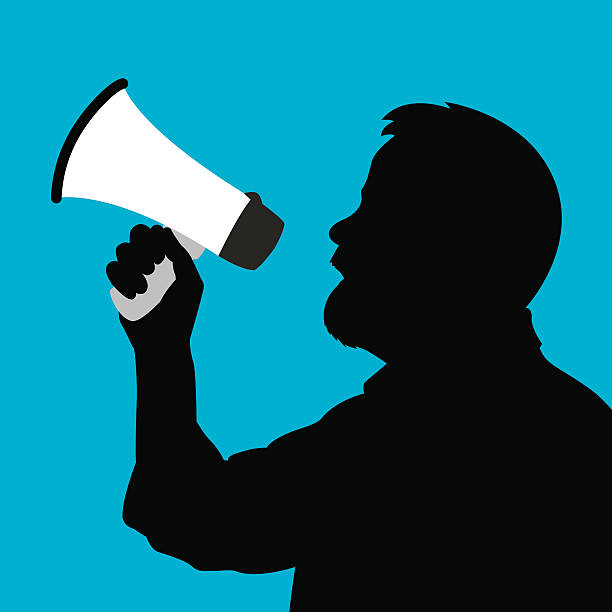 Man with Megaphone Silhouette Vector illustration of a man speaking into a megaphone on a blue background. megaphone silhouettes stock illustrations