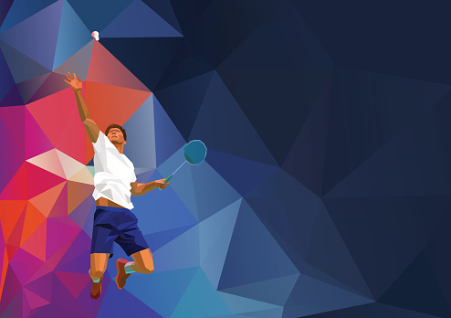 Polygonal professional badminton player on colorful low poly background, smash
