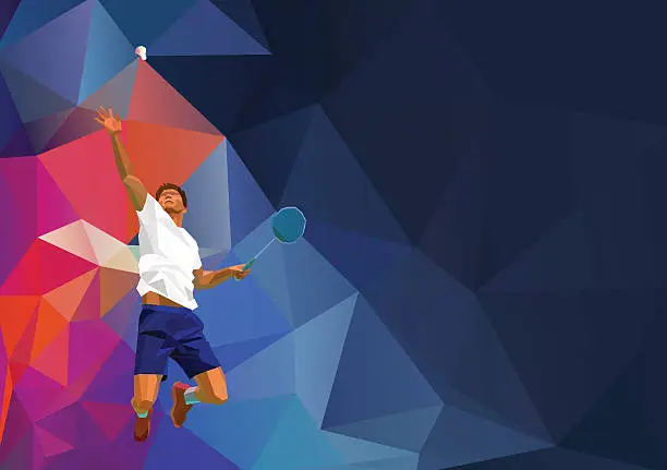 Vector illustration of Polygonal professional badminton player on colorful low poly background, smash