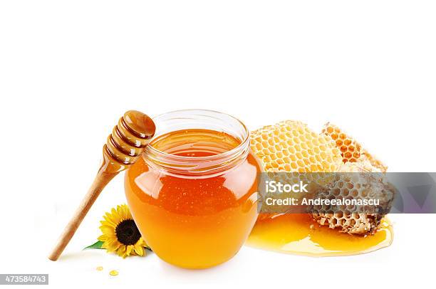 Honey In Glass Jar And Honeycombs Wax Stock Photo - Download Image Now - Agriculture, Cut Out, Drinking Glass