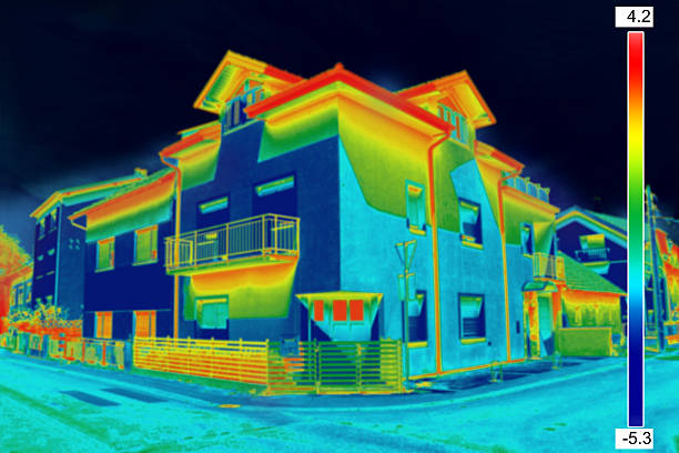 Thermovision image of two-story houses in a neighborhood Infrared thermovision image showing lack of thermal insulation on House thermal image stock pictures, royalty-free photos & images