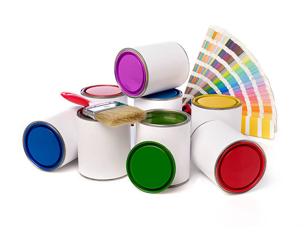 istock Paint cans, paint brush and color swatch 473588504
