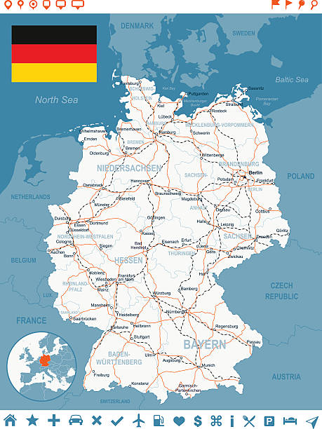 ilustraciones, imágenes clip art, dibujos animados e iconos de stock de alemania, de bandera de mapa de navegación, etiquetas, carreteras-ilustración - map germany topographic map vector