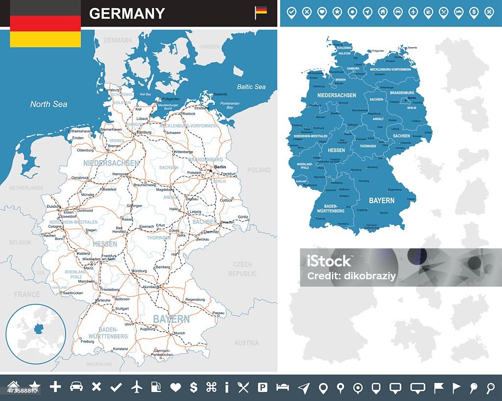 Germany infographic map - illustration Map of Germany and flag - highly detailed vector illustration Map stock vector