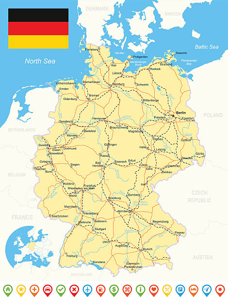 deutschland-karte, flagge, navigation symbole, straßen, flüsse. illustrationen - map germany topographic map vector stock-grafiken, -clipart, -cartoons und -symbole