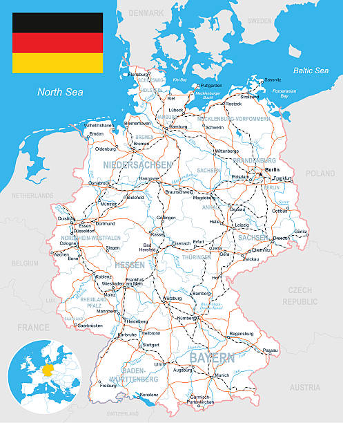 ilustraciones, imágenes clip art, dibujos animados e iconos de stock de alemania el mapa bandera, carreteras-ilustración - map germany topographic map vector