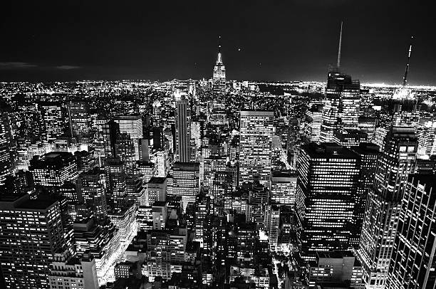City Skyline at Night in New York USA. City Skyline at Night in New York USA. Black and White. antenna aerial photos stock pictures, royalty-free photos & images