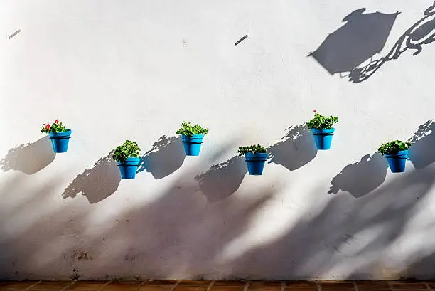 Blue flower pots on a whitewashed wall in Mijas. Andalusian white village. Costa del Sol. Spain