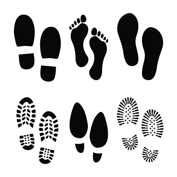 Footprints, shoes Set of footprints and shoes, vector pump dress shoe stock illustrations