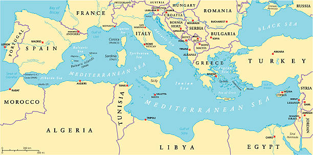 mediterranean sea region political map - 阿爾及利亞 幅插畫檔、美工圖案、卡通及圖標