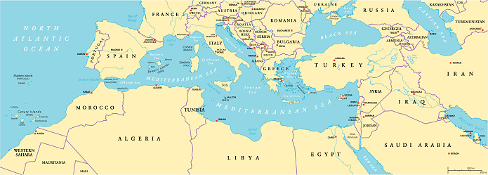 Mediterranean Basin Political Map. South Europe, North Africa and Near East with capitals, national borders, rivers and lakes. English labeling and scaling. Illustration.