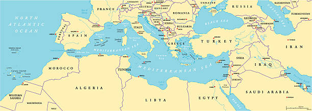 Mediterranean Basin Political Map Mediterranean Basin Political Map. South Europe, North Africa and Near East with capitals, national borders, rivers and lakes. English labeling and scaling. Illustration. aegean islands stock illustrations