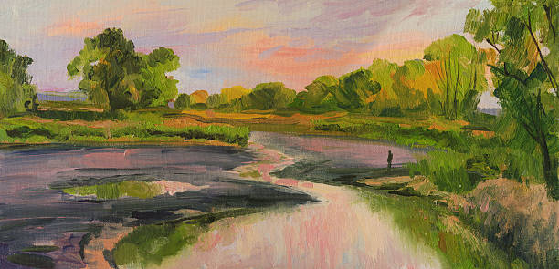 istock Landscape showing a man stands on the banks river, painting 473606802