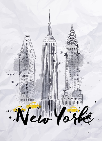 Watercolor New York skyscrapers, Empire State Building, Chrysler Building in vintage style drawing with drops and splashes on crumpled paper