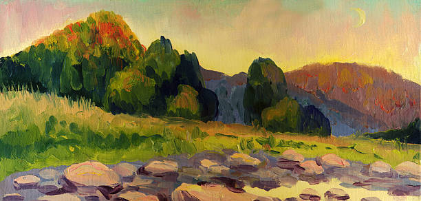 istock Mountain landscape with the moon, Oil painting 473608454