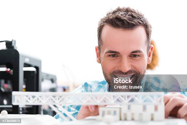 Man In 3d Printer Office Watching Printings Stock Photo - Download Image Now - 3D Printing, Architect, Men